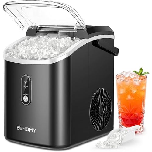 EUHOMY Nugget Ice Maker Countertop with Handle, Ready in 6 Mins, 38lbs/Day, Removable Top Cover, Self-Cleaning, Portable Chewable Ice Maker with Basket, Scoop, for Home/RV/Party/Camping (Black)