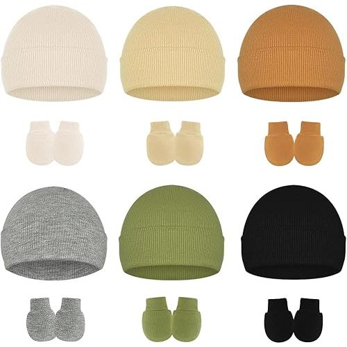 Stretchy Baby Hats and Mittens, Ribbed Neutral Newborn No Scratch Gloves Beanie Hospital Hat Set for Girls Boys