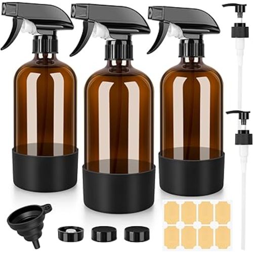 Amber Glass Spray Bottles 3 Pack, 17 oz/500 ml Glass Spray Bottles for Cleaning, Plants, Essential Oils, Hair Care, Refillable Empty Spray Bottle with Adjustable Nozzle for Squirt and Mist
