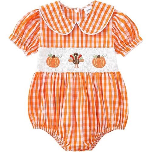 Yvowming Halloween Baby Girl Outfits Pumpkin Bubble Romper Newborn Thanksgiving Smocked Clothes Infant Checkered Bodysuit