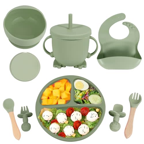 Silicone Baby Feeding Set, Baby Led Weaning Supplies with Suction Bowl Divided Plate, Self Feeding Spoons Forks Sippy Cup Adjustable Bib, Eating Utensils for 6+ Months (Green)