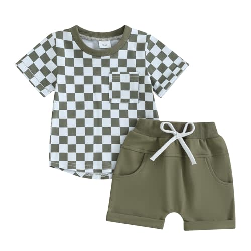 Toddler Baby Boy Girl Summer Clothes Checkerboard Print Short Sleeve T-Shirt Tee Tops Rolled Shorts Infant Outfits