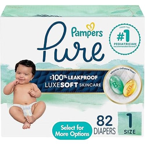 Pampers Pure Baby Diapers, Size 1, Up to 100% Leakproof, Premium Hypoallergenic Soft Diapers, 1 Pack (Count of 82)