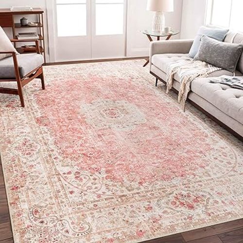 5x7 Area Rugs Washable,Pink Rug for Living Room Bedroom Kitchen,Large Boho Vintage Bohemian Distressed Carpet Non Slip,Blush
