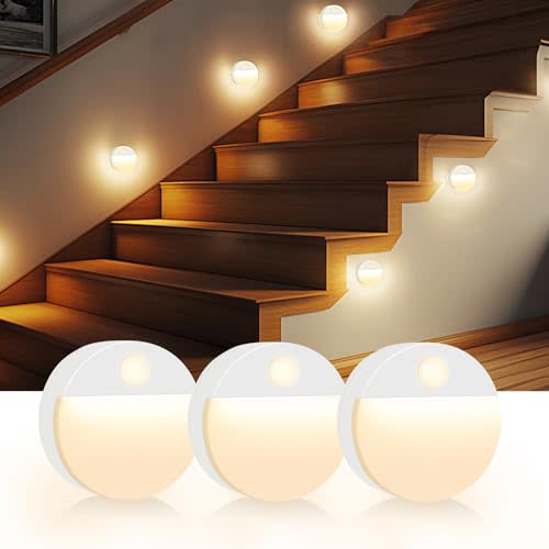 Guankai 3 Pack Motion Sensor Stair Light for Indoor, Battery Operated Closet Lights, Led Stick On Puck Lighting Night Lamp, Motion Activated Lamps for Step, Cabinet, Hallway, Bathroom