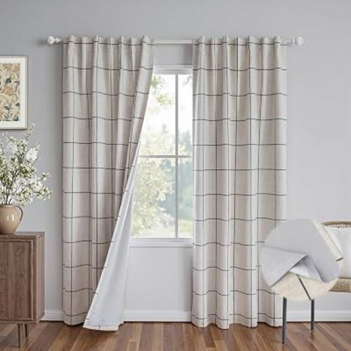 MYSKY HOME 100% Blackout Grey Plaid Farmhouse Linen Curtains 84 Inch Long 2 Panels Set Double Layer Checkered Drapes Thermal Insulated Privacy Protection Living Room Back Tab, 52" W, Deep Grey