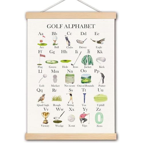 pouep Golf Alphabet Nursery Wall Art Poster, Golf Room Decor, Golfer Golfing ABC Alphabet Educational Canvas Prints Wall Decor for Kids Toddler Boys Bedroom Dorm Nursery, 12x16 Inches