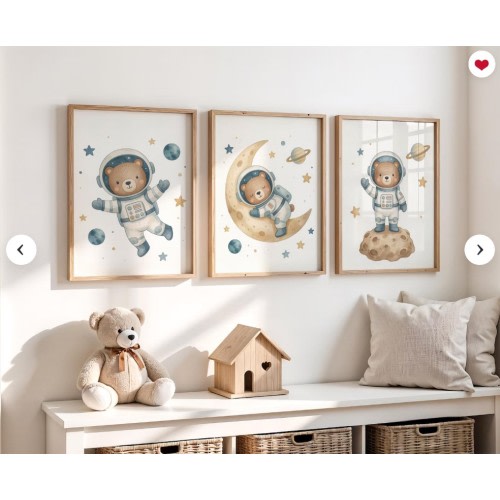 Teddy Bear Outer Space Nursery Wall Art Set of 3 Prints, Bears Nursery Decor
