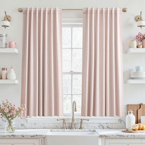 UHITECH 100% Blackout Curtains for Living Room Darkening Rod Pocket Pink Linen Black Out Curtains 48 Inch Long 2 Panels Modern Noise Reducing Thermal Drapes for Small Windows