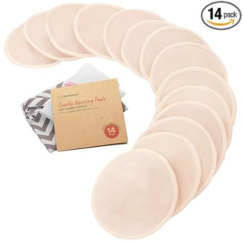Organic Nursing Pads - 14 Washable Breast Pads for Breastfeeding, Wash Bag, Viscose Derived from Bamboo Reusable Nipple Covers for Breastfeeding Essentials, Soft & Absorbent (Bare Beige, XL 5.5")