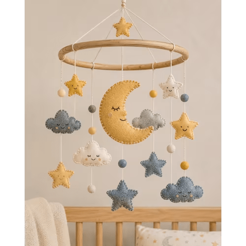 Handmade Felt Moon Stars Clouds Mobile