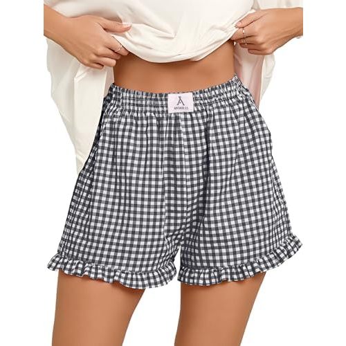 ANRABESS Womens Gingham Striped Ruffle Boxer Shorts