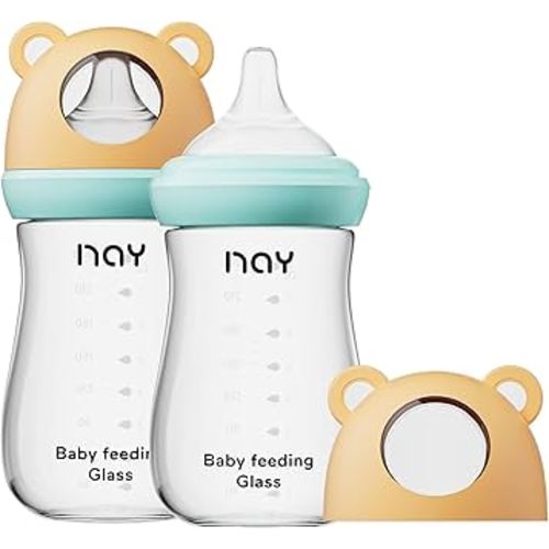 Natural Glass Baby Bottle for Breastfeeding Babies, 8oz Anti-Colic Baby Bottle with Natural Response Nipple(M), Clear, Wide Neck, 2 Pack, 3 Months+