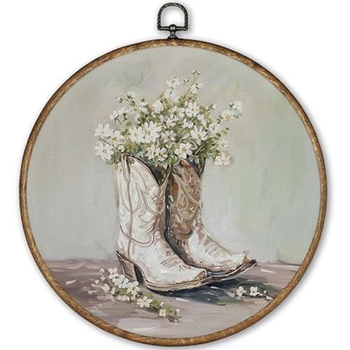 TLESKE Vintage Western Cowgirl Round Wall Art Decor Framed 10x10, Western Teen Girls Canvas Wall Art Prints Artwork, Cowboy Preppy Hanging Wall Picture Room Decor for Home Bedroom Living Room