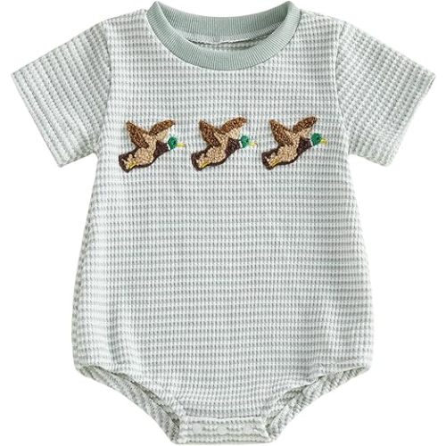 Ayalinggo Baby Boy Summer Clothes Mallard Duck Embroidery Newborn Bubble Romper Short Sleeve Bodysuit Infant Hunting Clothing