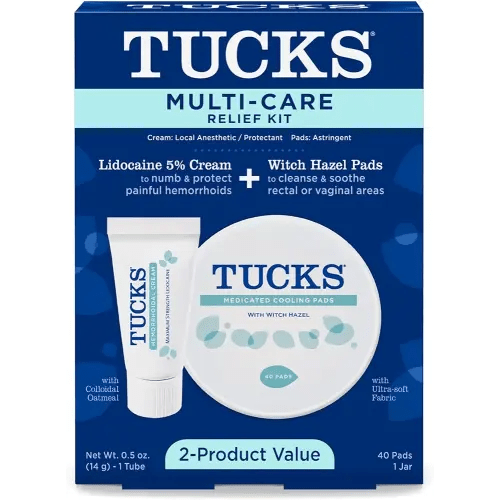 Tucks Multi-Care Relief Kit – 40 Count Witch Hazel Pads & 0.5 oz. Lidocaine Cream - Protects from Irritation, Hemorrhoid Treatment Medicated Pads Used by Hospitals