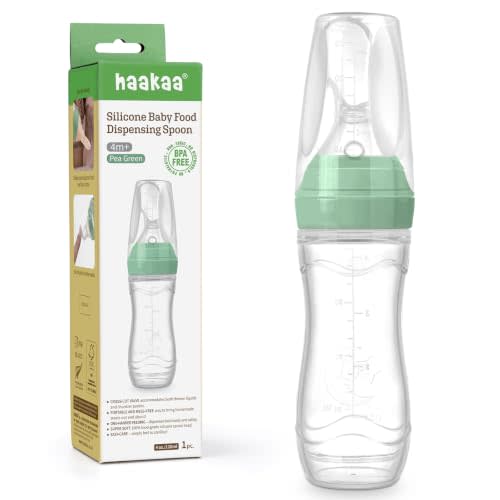 Haakaa Silicone Baby Food Dispensing Spoon Feeder 4oz,BPA Free, Pea Green | Infant Squeeze Cereal Feeder, Baby Fresh Food Feeder, Feed Bottle for Puree, Solid Baby Food,4m+ Babies