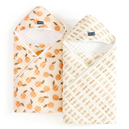 GRSSDER Ultra Soft Absorbent Muslin Cotton Baby Hooded Towel 2 Pack with Original Patterns, Extra Large Size 35"x 35" Swaddle Wrap for Newborn Infant and Toddler