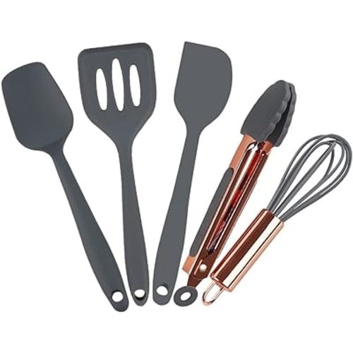 Rose Gold And Grey Mini Kitchen Utensil Small Five-Piece Set Tiny Silicone Kids Kitchen Tools Whisk Spatula Tongs Spoon And Slotted Spatula For Cooking(Kids Baking Supplies) Grey