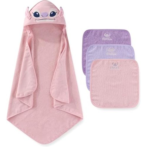 Disney Baby Girls Stitch Angel Hooded Bath Towel with 3 Washcloths Set