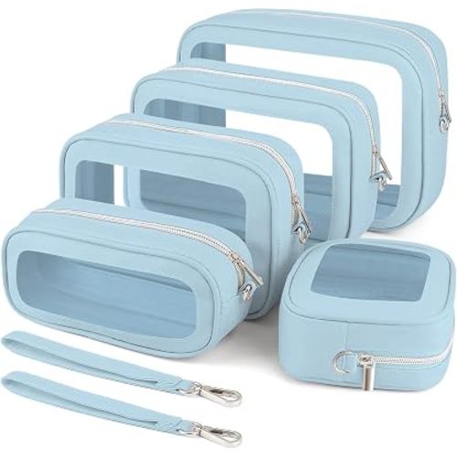 5PCS Clear Makeup Bags with Handles, TSA Approved Toiletry Bags, Diaper Bag Organizer Pouch, TPU Car Storage Organizer with Zippers, Waterproof Travel Organizer Bag for Women