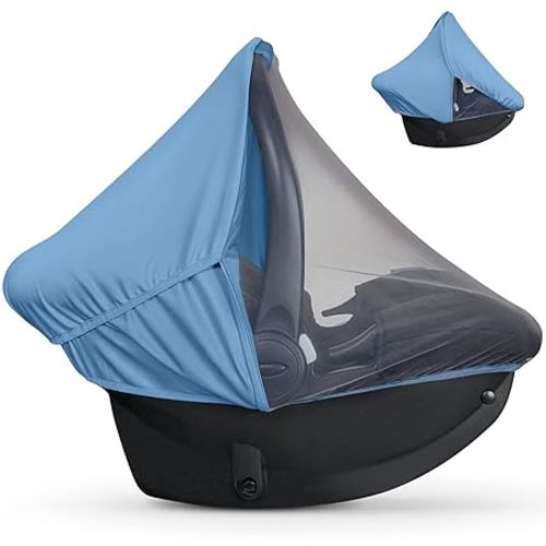 liuliuby Summer Baby Car Seat Cover | 2-in-1 Breathable Carseat Sun Shade & Mosquito Net | UV Protection Lightweight Canopy Covers for Infant Boys | Bug Net Mesh for Warm Weather (Blue)