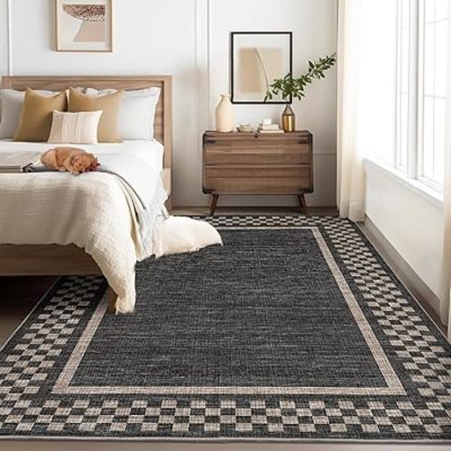 GarveeHome Machine Washable 5x7 Area Rugs Modern Bordered Living Room Rug Non Slip Checkered Geometric Bedroom Throw Carpet Soft Boho Rugs for Dining Room Nursery Home Office, Black