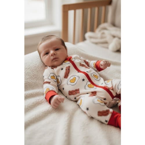 Breakfast Bamboo Baby Zipper Romper: Eggs & Bacon Newborn Coming Home Outfit