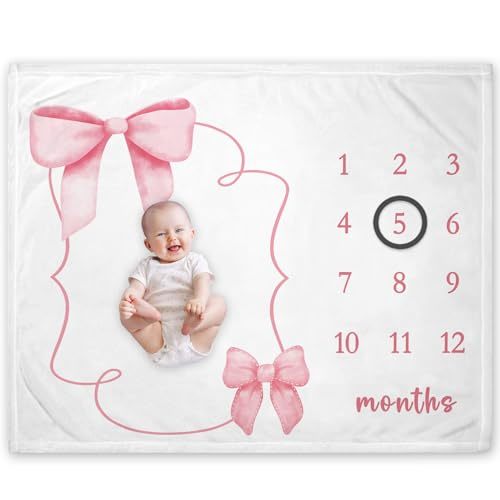 Yuzioey Pink Bow Milestone Blanket for Girl,Bowknot Baby Growth Chart Monthly Blanket, Watch Me Grow Girl Baby Nursery for New Moms Shower(50"x40")