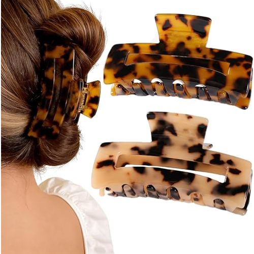 2 Pcs Large Hair Claw Clips Cellulose Acetate Hair Clips Rectangle Hair Claw Tortoise Shell Hair Clamps Strong Hold Jaw Clips French Style Accessories for Women Thick Hair