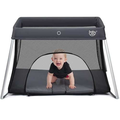 BABY JOY Baby Foldable Travel Crib, 2 in 1 Portable Playpen with Soft Washable Mattress, Side Zipper Design, Lightweight Installation-Free Home Playard with Carry Bag, for Infants & Toddlers (Grey)