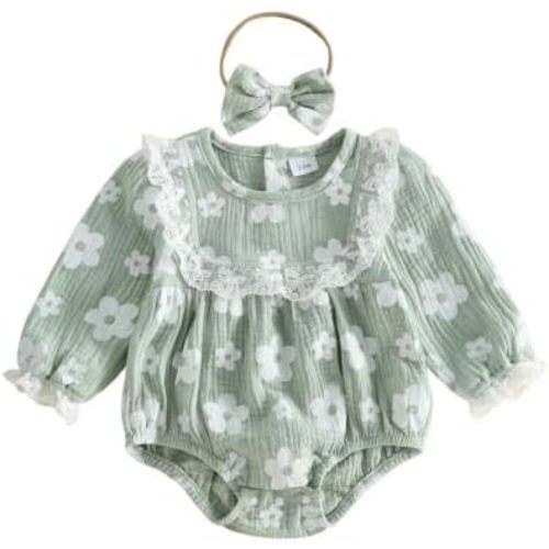 Newborn Baby Girl Clothes Floral Lace Ruffle Pleated Smocked Bubble Romper