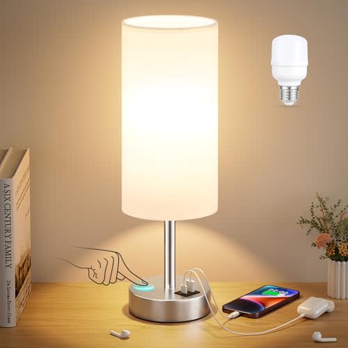 Dicoool Bedside Table Lamp for Bedroom - 3-Way Dimmable Touch Lamp, USB A+C | LED Bulb Included, 14" Small Nightstand Lamp for Desk, Living Room, Guest Room, White Fabric Lampshade, Silver Metal Base