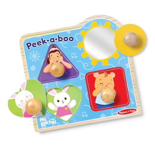 Melissa & Doug® Ms. Rachel™ Wooden Peek-a-Boo Jumbo Peg Puzzle, 4-Piece with Mirror, Toddler Toys for Boys and Girls Ages 1+ Years