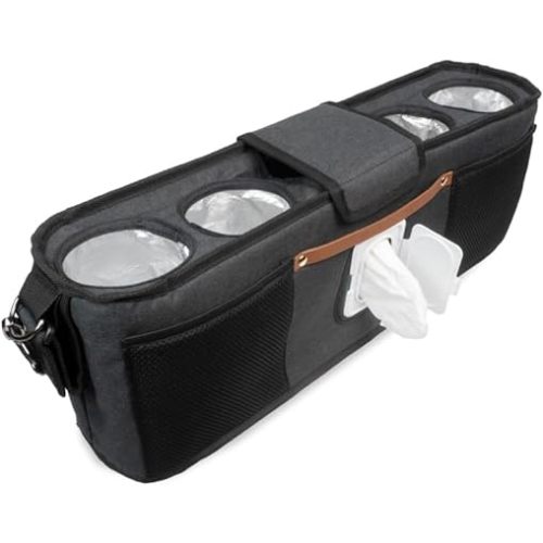 WONDERFOLD Parent Console Stroller Organizer with Insulated Cup Holders, Hook and Loop Closure Handle Attachment, 2 Storage Pockets, and Removable Shoulder Strap for Easy Transportation