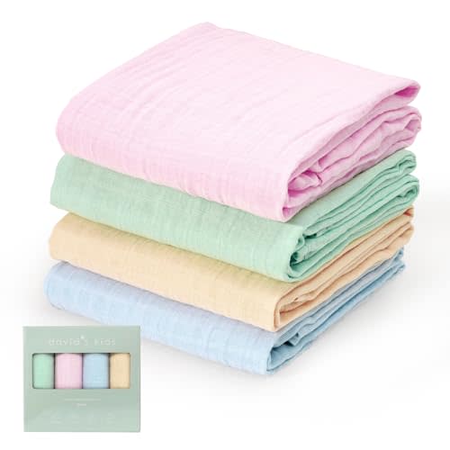 david's kids 4 Pack Baby Muslin Swaddle Blankets 47" x 47", 100% Cotton Swaddling Blankets Wrap for Boys Girls, Ultra Soft Breathable Receiving Blanket, New Born Essentials, Green&Pink&Blue&Beige
