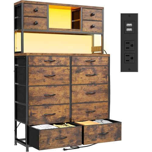 EnHomee 62.8" H Dresser for Bedroom with Multiple Drawers,Fabric Dresser with Charging Station and LED Lights,Dressers & Chests of Drawers for Bedroom, Steel Frame & Wooden Top,Rustic Brown