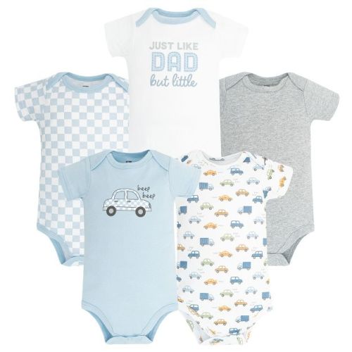 Hudson Baby Infant Boys Cotton Bodysuits 5-Pack, Blue Checker Car, Newborn