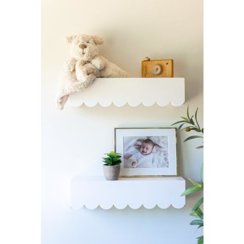 White Floating Cloud Shelves – Set of 2 Scalloped Wooden White Floating Cloud Shelves for Wall, Pre-Assembled Nursery Bookshelves for Baby, Toddler & Kids Room, Montessori Wall Shelf Display