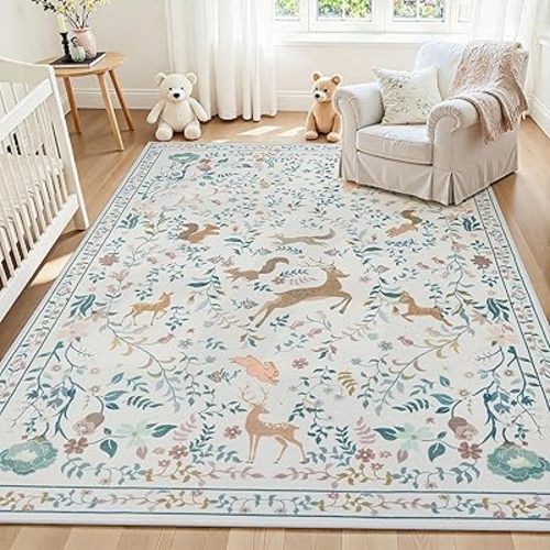 6x9 Area Rugs Washable Rug: Lagre Boho Living Room Rug Soft Non-Slip Thin Carpet Indoor Floor Non-Shedding Neutral Floral Carpets for Bedroom Dining Room Farmhouse Nursery Cream Gray