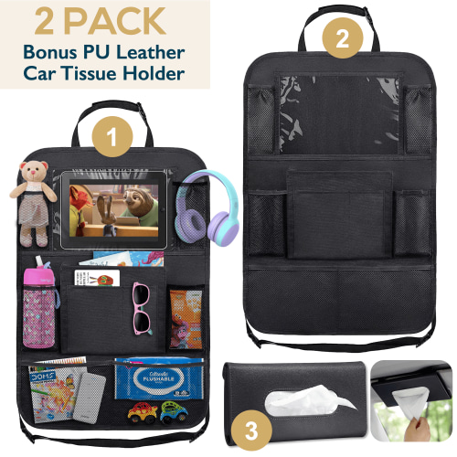 ComfiTime 2Pack Car Seat Organizer,Waterproof Car Backseat Organizer W/ 10” Tablet Holder Cup Holder for Kids,10 Pockets Backseat Organizer Protector Kick Mats,Car Accessories for Men / Women