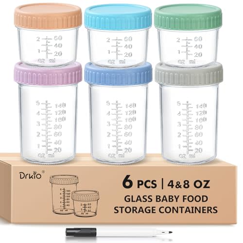 DRKIO 6 Pack Glass Baby Food Storage Containers - 4 & 8 oz Baby Food Jars with Lids Baby Food Maker Microwave Dishwasher Freezer Safe 100% Leak Proof BPA Free Reusable