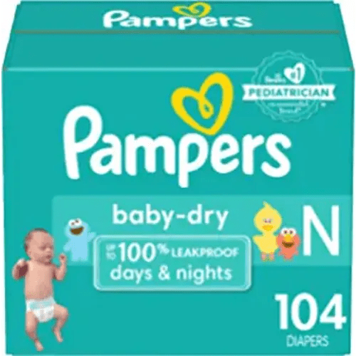 Pampers Baby Dry Diapers Newborn - Size 0, 104 Count, Absorbent Disposable Diapers