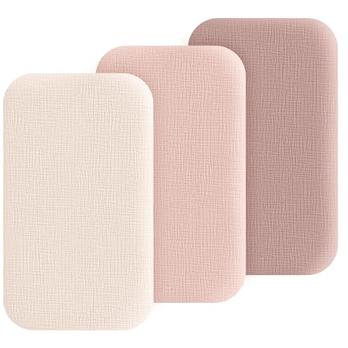 3 Pack Cotton Muslin Baby Bassinet Fitted Sheet for Bedside Sleeper | Stretchy & Soft, Compatible with Baby Delight, Dream On Me, Rectangle Mattresses, for Boys & Girls 32" x 21" (Pink)