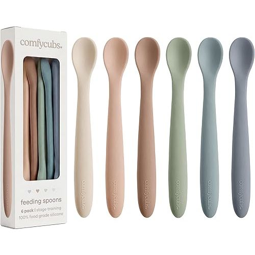 Comfy Cubs Silicone Baby Spoons Set 6-Pack, Sand 6.46 x 0.95 in – BPA Free, Soft Gum-Safe Toddler Eating Essentials – Lightweight & Flexible Baby Spoons, Dishwasher Safe, Fun Utensils for Babies