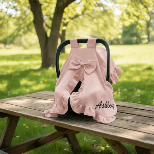 Personalized Muslin Car Seat Canopy Cover with Name for Baby Girl or Boy, Soft 4-Layer Cotton, Ruffle Trim, Stroller Blanket Gifts