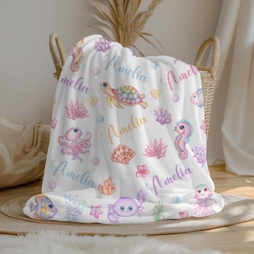 Personalized Under The Sea Baby Girl Blanket, Custom Name Blanket, Swaddle Set, Minky Fleece Sherpa | Shower Gift, Ocean Nursery Decor