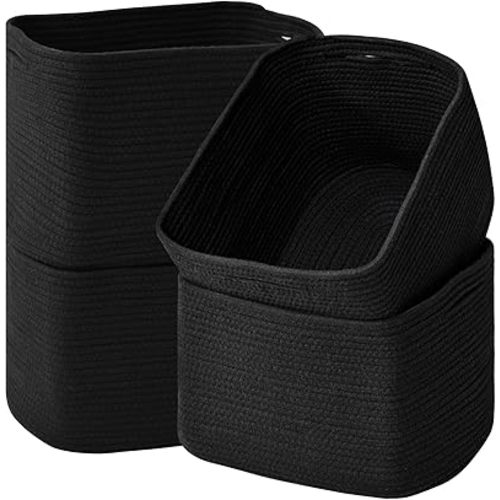 Storage Baskets for Organizing & Shelves, Woven Cotton Rope Organization Bins for Dog Toys, Clothes, Books, Nursery Organizer, 15" Lx11''Wx9.5''H, (4 Packs) Black