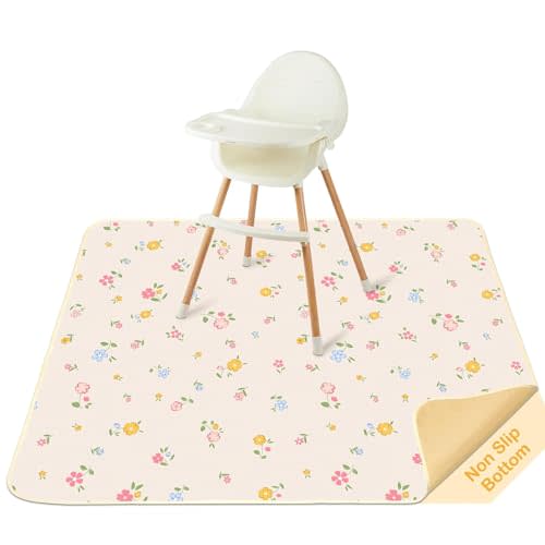 Splat Mat for Under High Chair 42 x 42 Inch Waterproof Baby Splash Mat with Non Slip Bottom Reusable Portable Highchair Mat for Floor Food Catcher for High Chair, Yellow Pink Floral