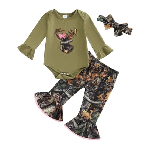 Newborn Baby Girl Hunting Clothes Deer Long Sleeve Romper Jungle Camo Flare Pants Set 3 Piece Fall Winter Outfit